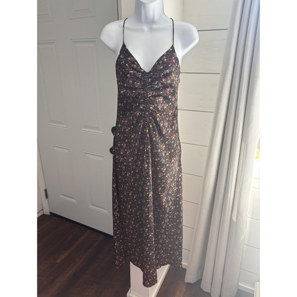 Sandro Dress Womens 34 Black Red Floral Midi Strappy Open Back Ruched Slip - Picture 1 of 9